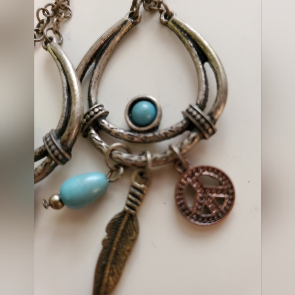 Vintage 70's earrings Peace Signs Native Feathers 3 1/2" - Picture 4 of 9